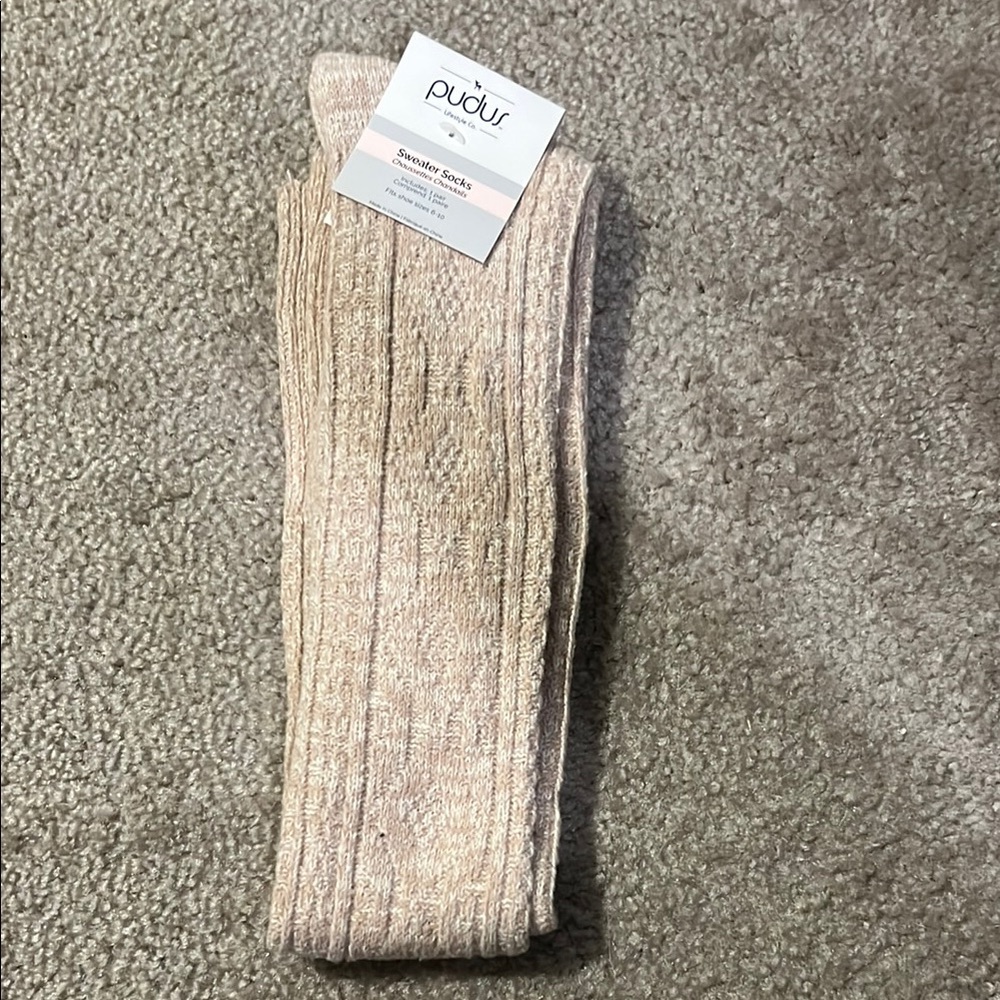 Tan Cable Knit Hosiery Knee-High Socks